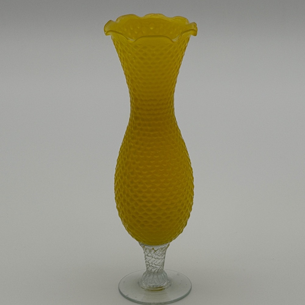 Vintage Yellow Satin Hobnail Glass Bud Vase Clear Twisted Stem‎ Ruffled Rim 10in